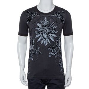 Dolce & Gabbana Grey Sacred Heart Flock Print Cotton T-Shirt Small